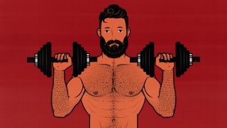 Illustration of a bodybuilder doing dumbbell exercises to build bigger muscles.