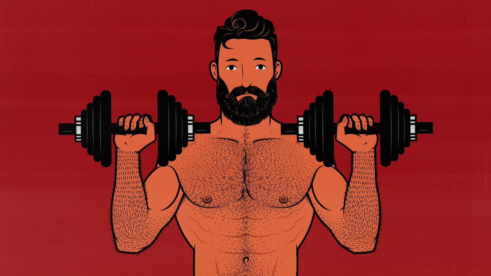 Illustration of a bodybuilder doing dumbbell exercises to build bigger muscles.