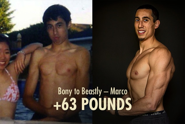 Foto de antes y después mostrando a un ectomorfo delgado ganando peso, desarrollando músculo y volviéndose musculoso.