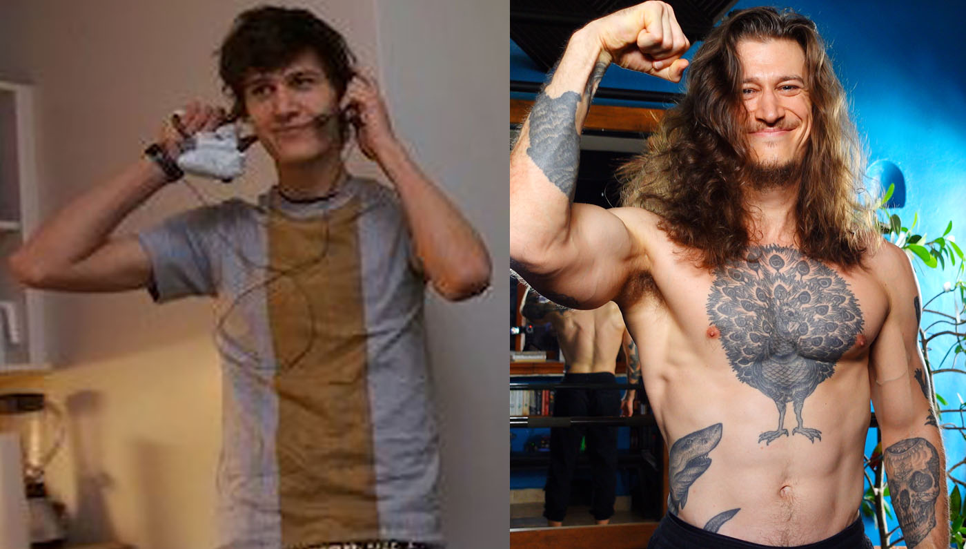 Before and After photo showing Shane Duquette gaining 70 pounds from bulking up.