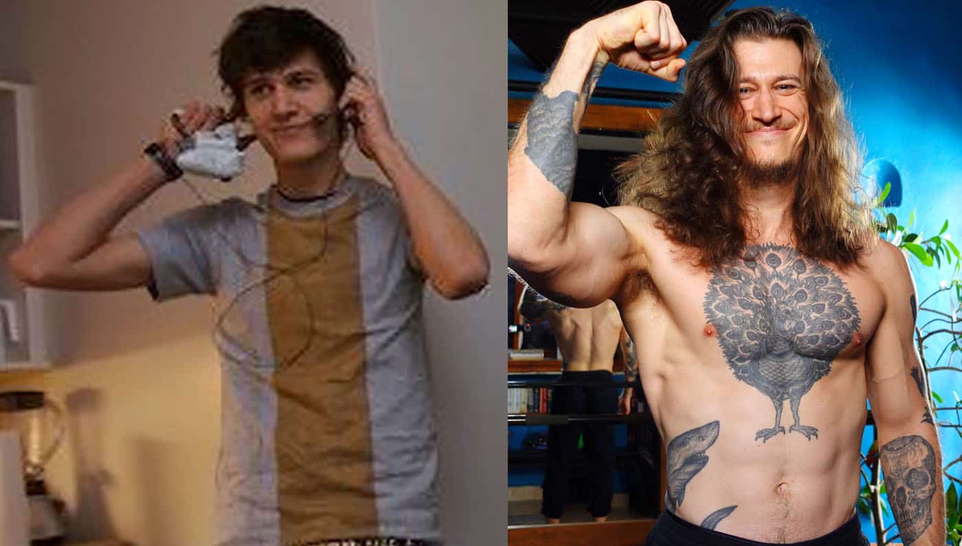 Before and after photo showing Shane Duquette bulking up from an FFMI of 14 to an FFMI of 23.