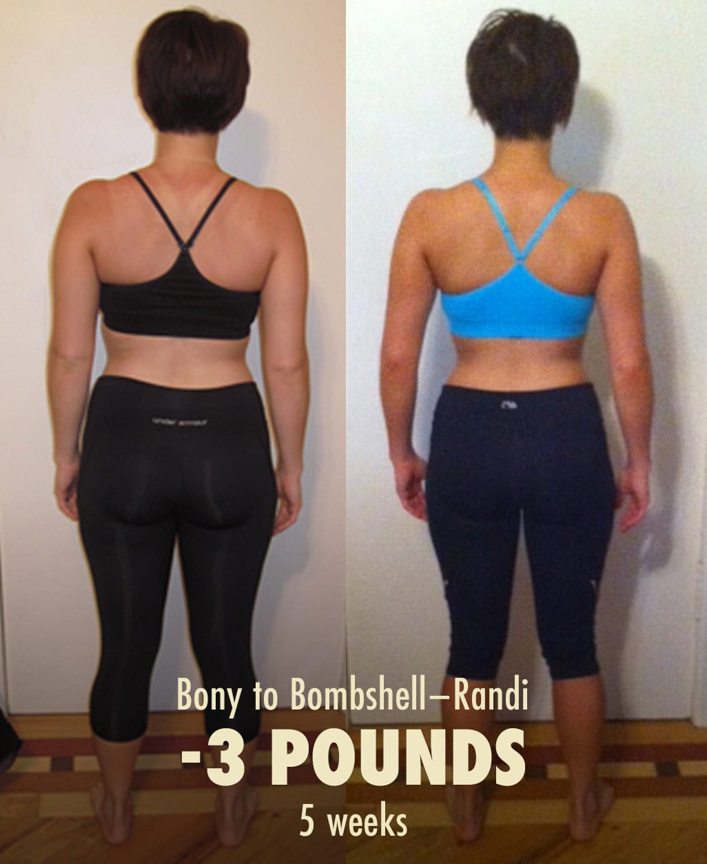 Before and after photo of a woman losing weight with the Bony to Bombshell Program.