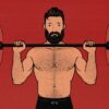 Illustration of a man doing a barbell overhead press.